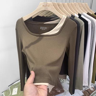 American Contrasting Fake Two-piece Square Collar Long-sleeved T-shirt for Women Spring and Autumn New Slim Fit Inner Bottoming Shirt Top
