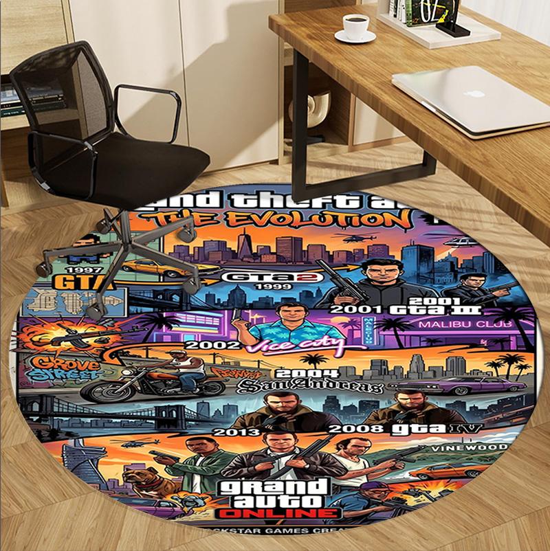 Grand Theft Auto VI Pattern Round Rug, Indoor/Outdoor Mat, for Picnic, Gameroom, Bedroom, Office, Living Room, Home Decor Carpet, Birthday Gift