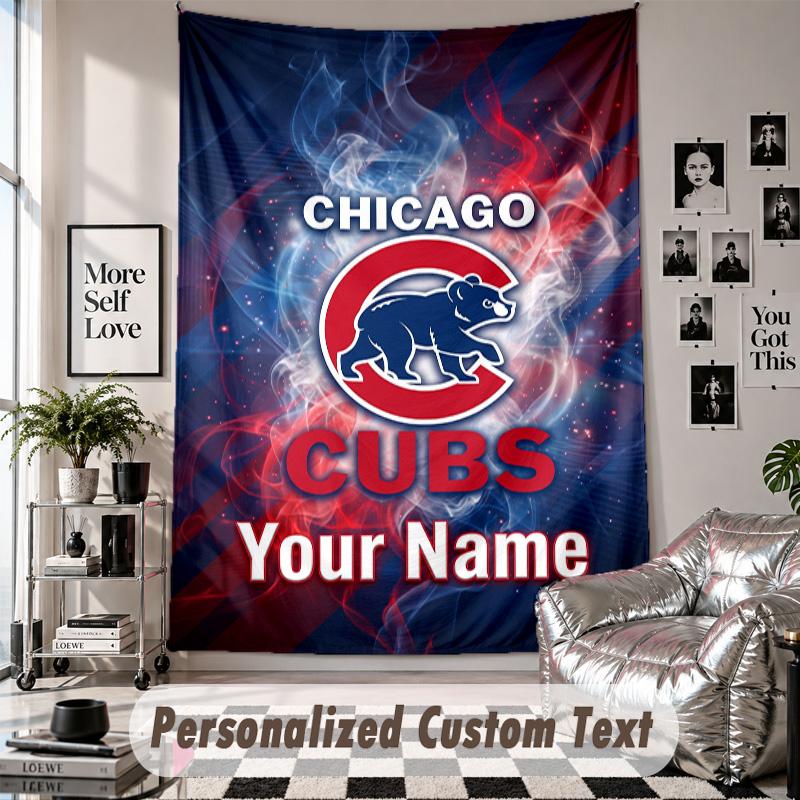 Wall Hanging Tapestry With Custom Name & Text, Chicago Cubs Decorative Tapestry For Bedroom
