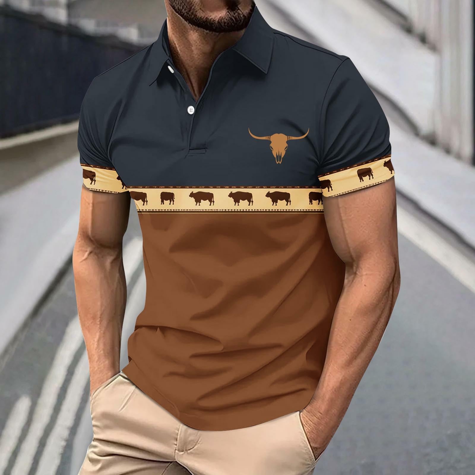 

Men s Western Bull Print Shirts Color Block Collared Short Sleeve Shirt Casual Summer Tops For Golf & Daily Wear M Темно-синій