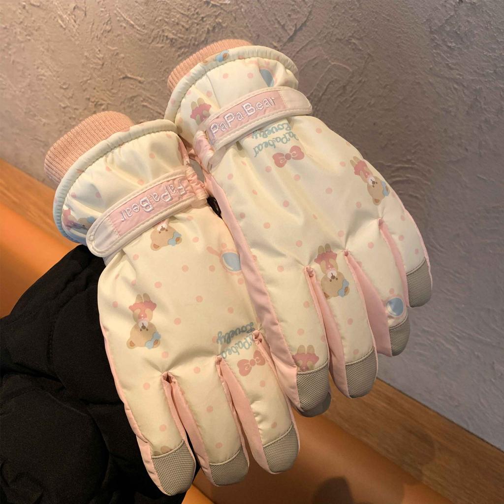 Skihandschuhe Damen Winterdesign, verdicktes Baumwollfleece, wasserabweisend, Outdoor-Radfahren, warm, rutschfest, winddicht, Touchscreen