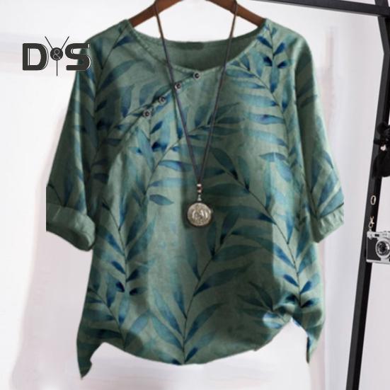 Dámské letní tričko s kulatým výstřihem, krátkým rukávem, volného střihu, pulovrové topy, retro potisk listů, knoflíková dekorace, tenké tričko