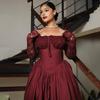 Women's Spring New Style Temperament Square Collar Lace Long Sleeve Ruched Waist Solid Color Midi Dress