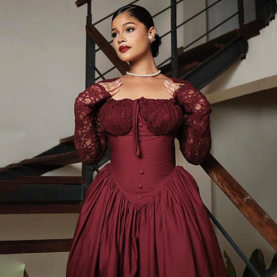 Women's Spring New Style Temperament Square Collar Lace Long Sleeve Ruched Waist Solid Color Midi Dress