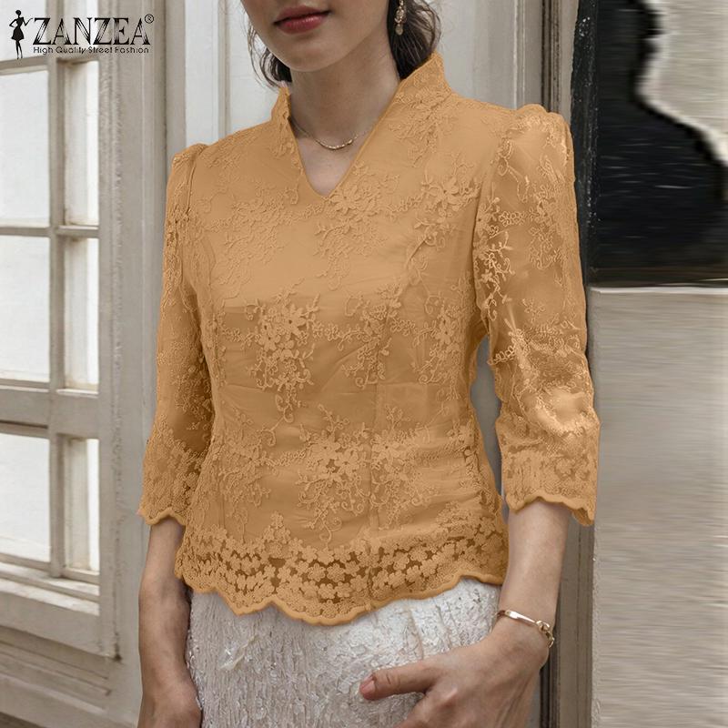 ZANZEA Women Summer V-Neck 3/4 Sleeve Lace Waist Blouses