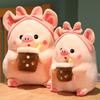 Adorable Milk Tea Pig Pink Pig Plush Toy With Bow Headband