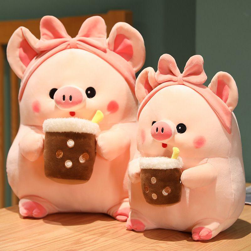 Adorable Milk Tea Pig Pink Pig Plush Toy With Bow Headband