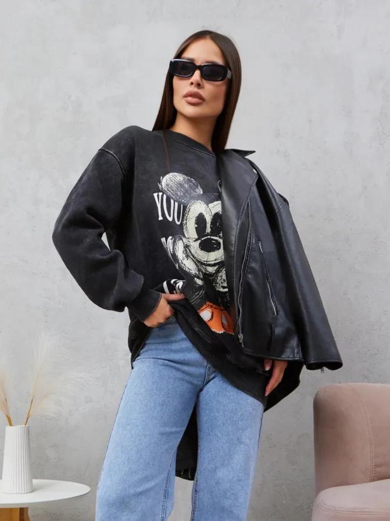 2024 Retro Mickey Cartoon Abgenutzter Schwarzer Langarm-Hoodie