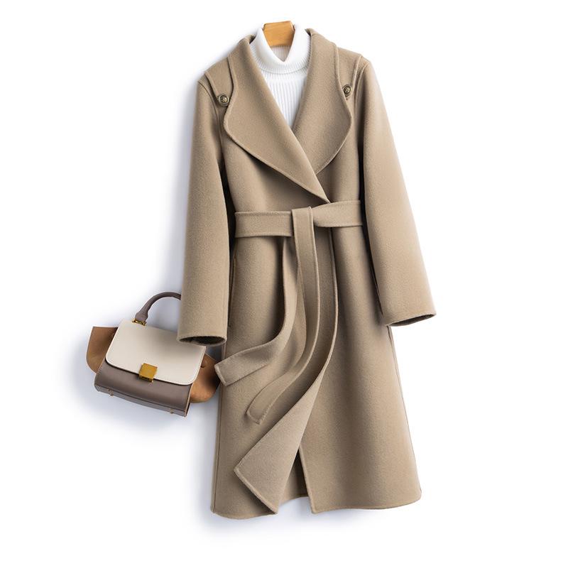 Women's Extra Long Wool Overcoat - Lace-up, Double-faced, Slim Fit, Over-the-Knee, Autumn & Winter Temperament