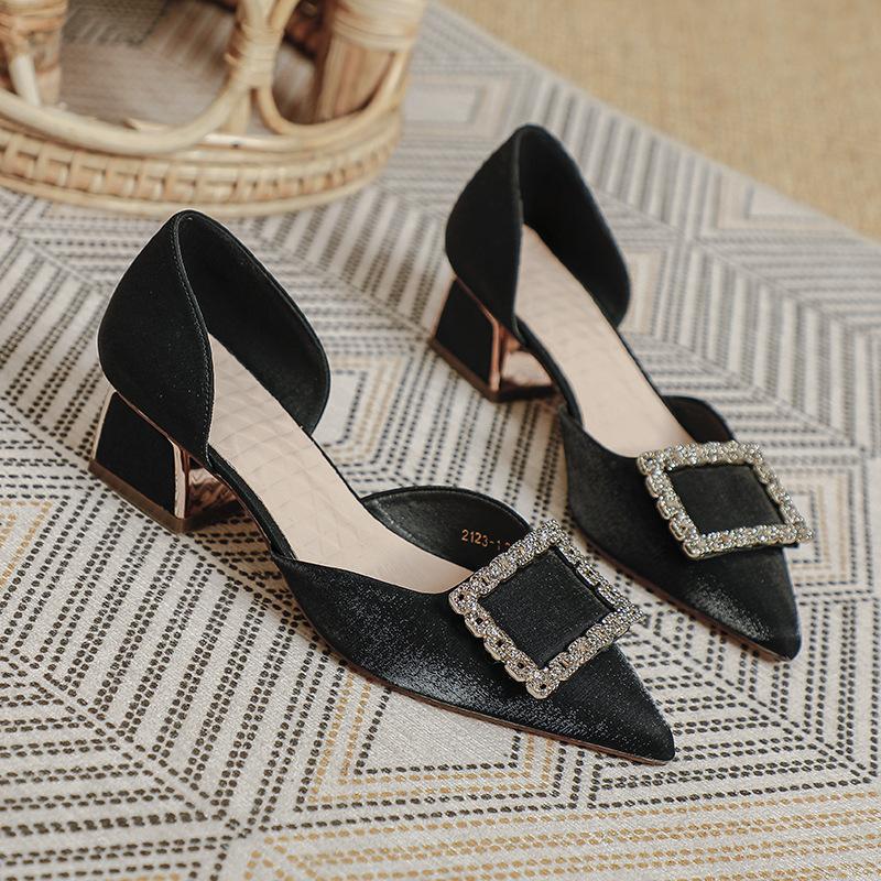 New women's shoes bag head sandals women's thick heels pointed high heels medium heel hollow single shoes
