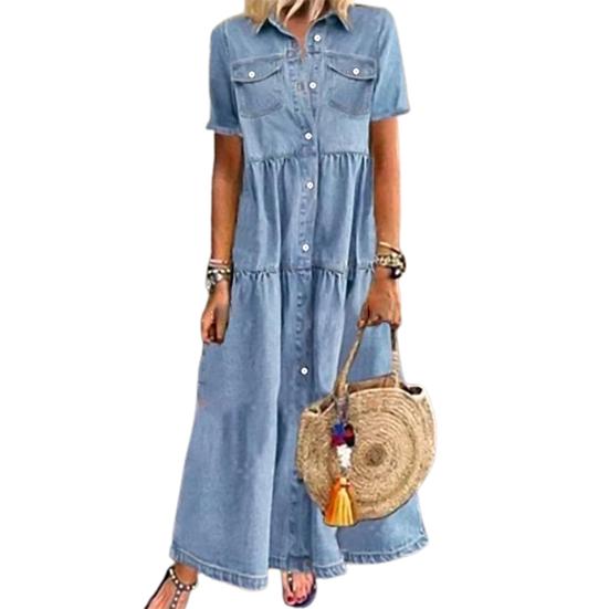 Women Denim Dress Short Sleeve Single-breasted Turn Down Collar Pockets Loose Maxi
