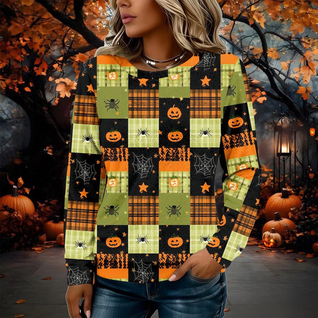 Women's Long Sleeve Flannel Top with Halloween Print for Fall Holiday