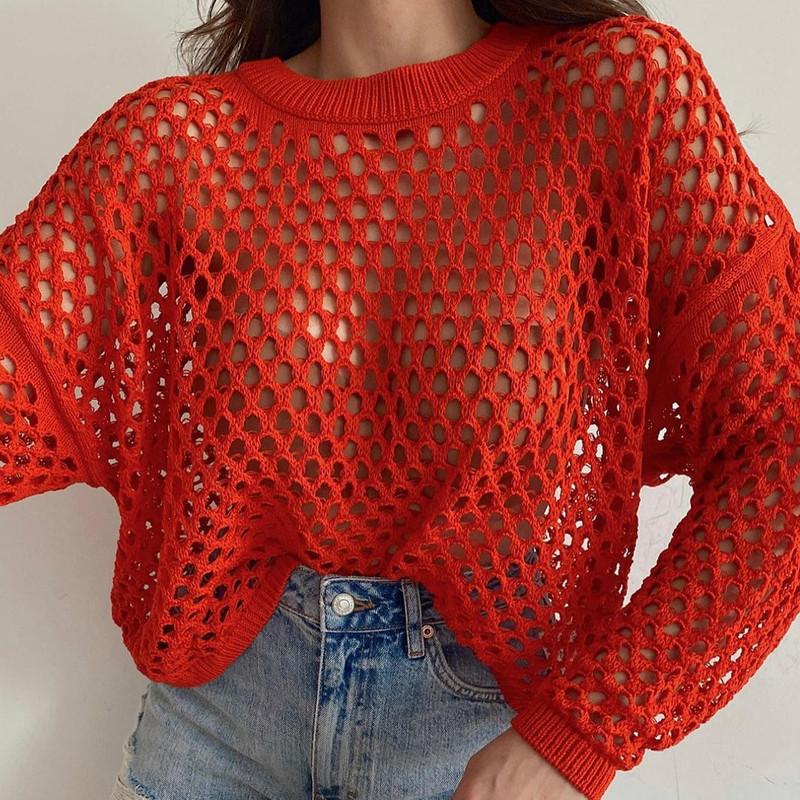 Женская мода весенне-летний трикотаж свободный джемпер с круглым вырезом и расклешенными рукавами XL красный 2647₽