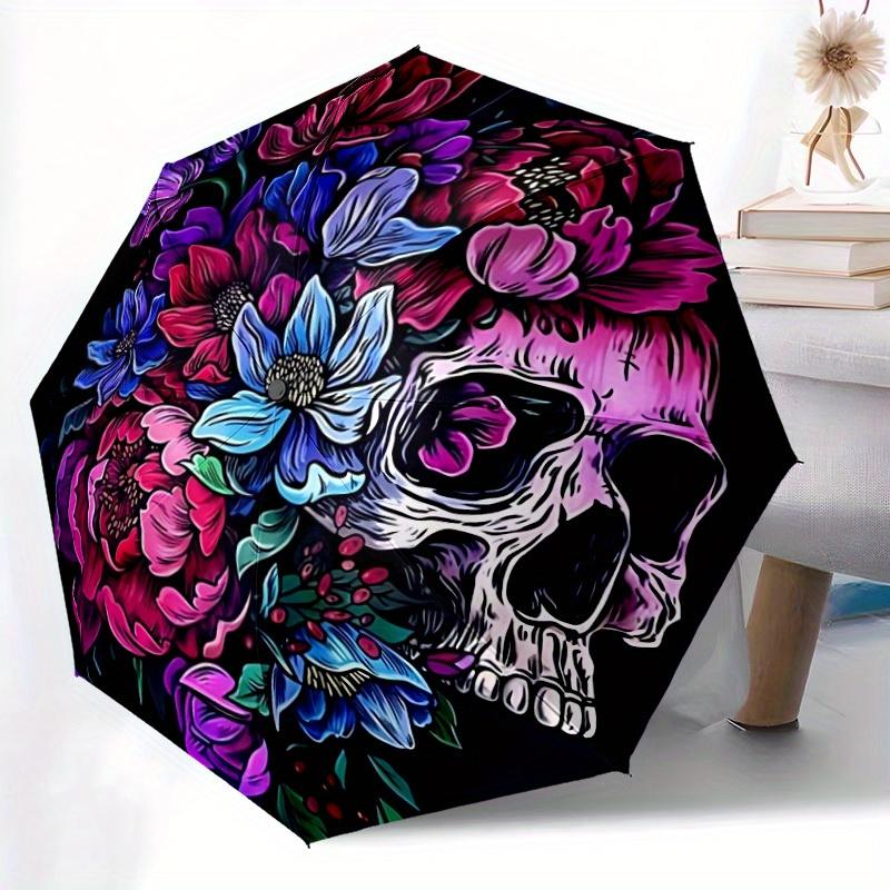 1pc Floral Skull Design Automatic Open/close Folding Umbrella, Compact Portable Travel Umbrella,Cute Umbrella, Durable Construction yy250804074
