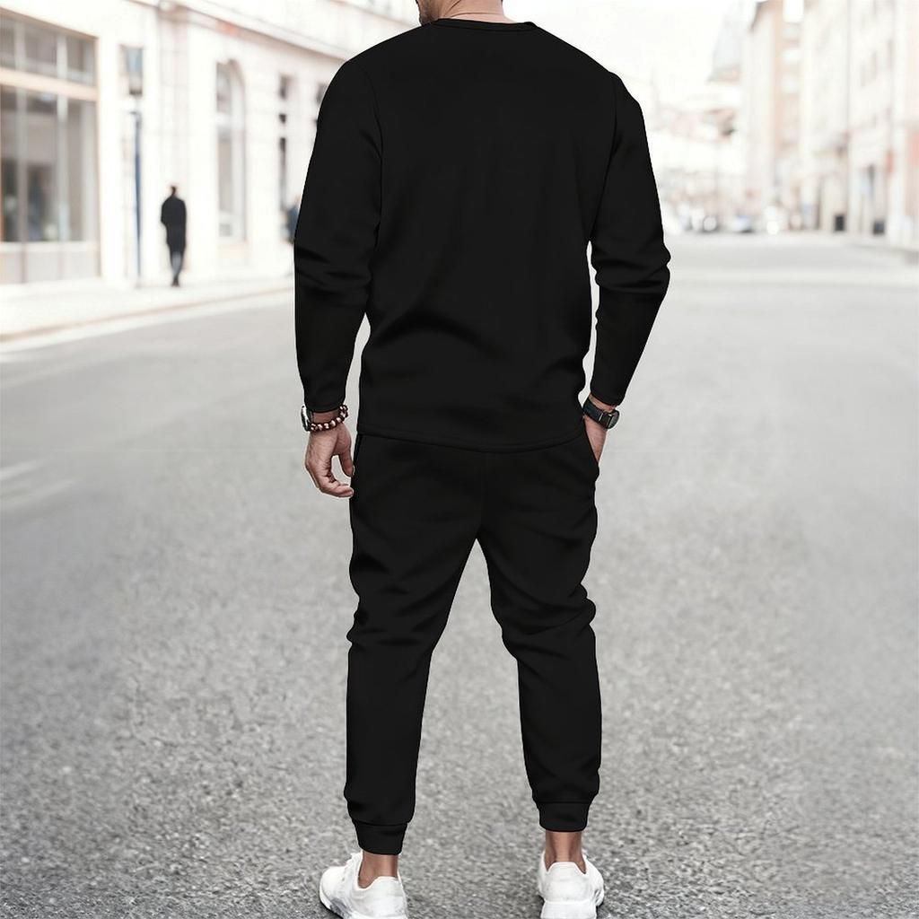 Men Navy Blue White Water Drop Floral Decor Print Long Sleeve Sweatshirt Jogger Pants Two Piece Suit