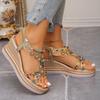 Women's Bohemian Beaded Elastic Strap Sandals, Rhinestone Platform Wedge Summer Shoes, Plus Size Fashion Footwear