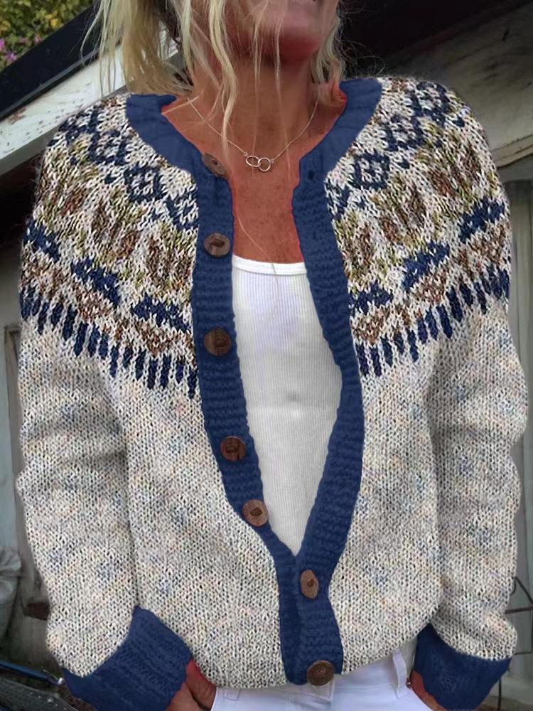 Women's Pink V-Neck Knit Cardigan with Jacquard Floral Pattern