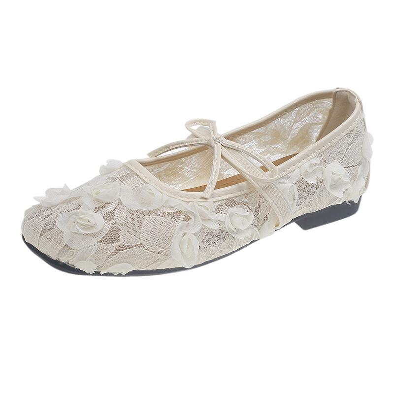 French Lace Mesh Single Shoes Female Summer New Fairy Wind Gentle with Skirt Flat Soft Sole Breathable Mary Jane Shoes