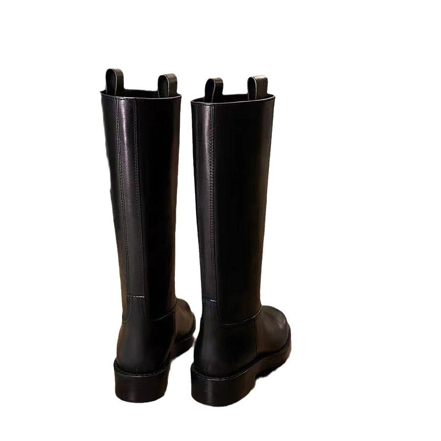 Grape mother has the same style, European and American round-headed high boots show thinness and height, and straight thick-soled leather knight boots