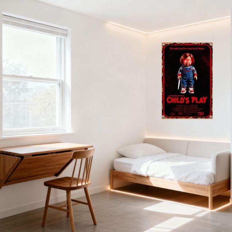 Child’s Play Chucky Red Hair Glowing Eyes Blue Overall Sunflowers Red Sneakers Horror Movie Metal Tin Sign Retro Wall Decor for