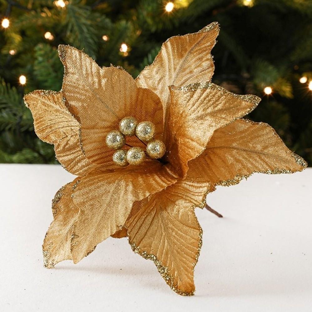 Large Poinsettia Glitter Flower 26cm Xmas Tree Decorations New Fake Flowers Christmas Decoration