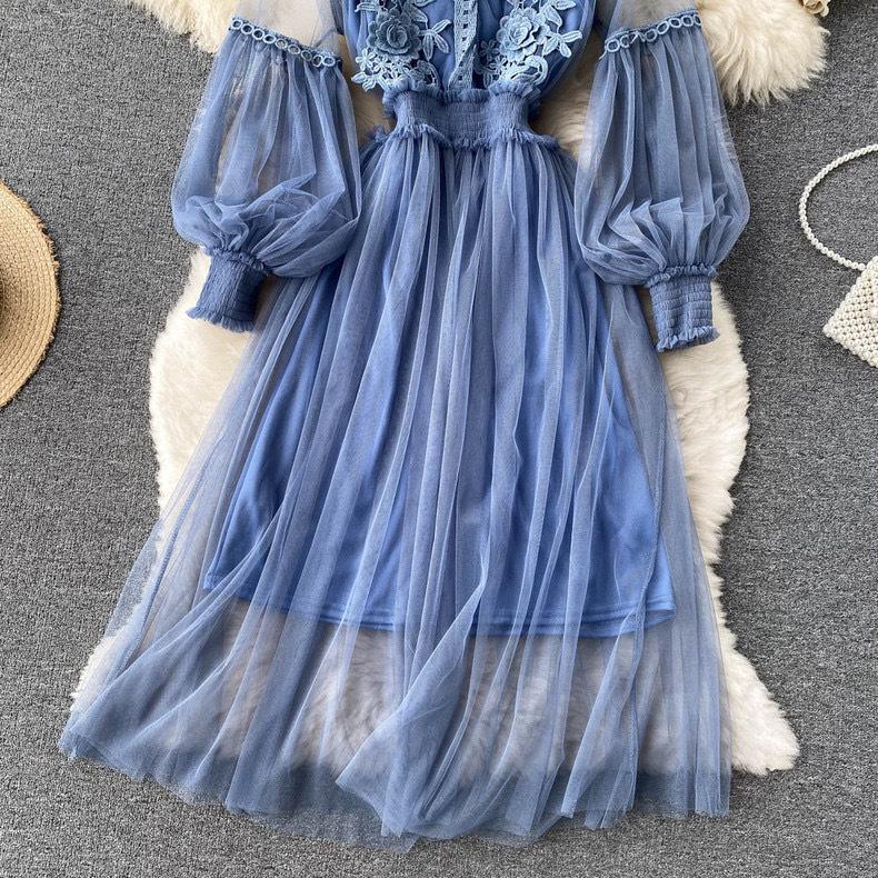 Women's Dress Three-dimensional Flowers Mesh Temperament Collar Lantern Sleeve High-waisted Dresses