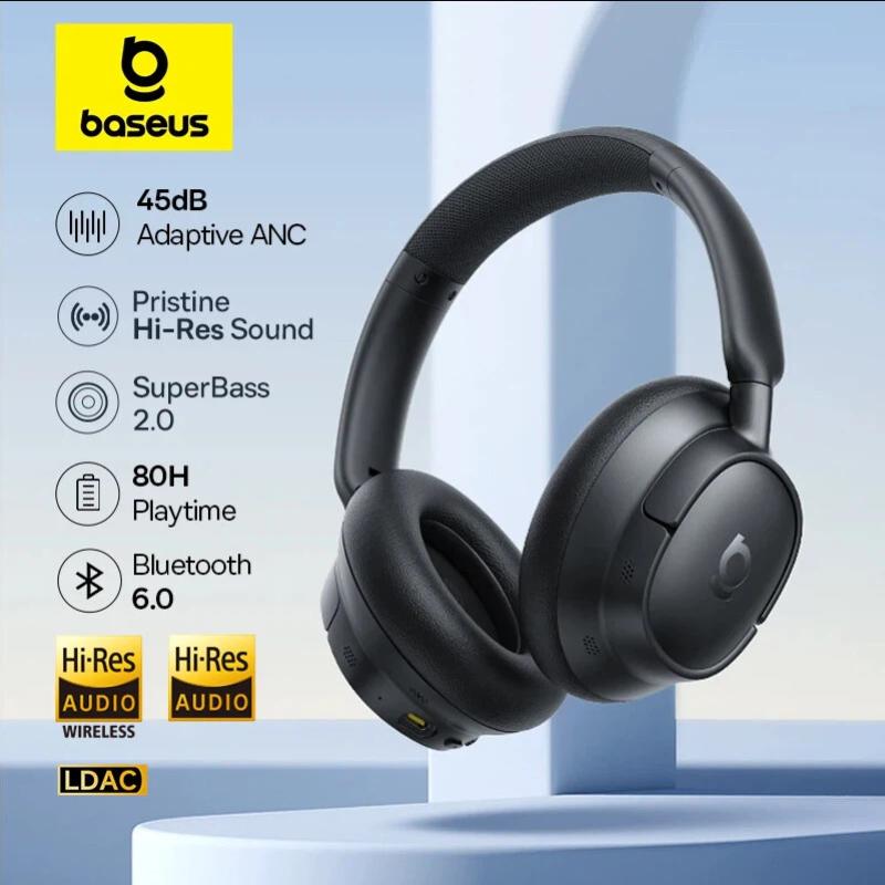 Baseus EH10 NC ANC Wireless Headphones 45dB Adaptive Hybrid Noise Cancelling Headsets Hi-Res LDAC Headphone Bluetooth 6.0 80Hrs bianco