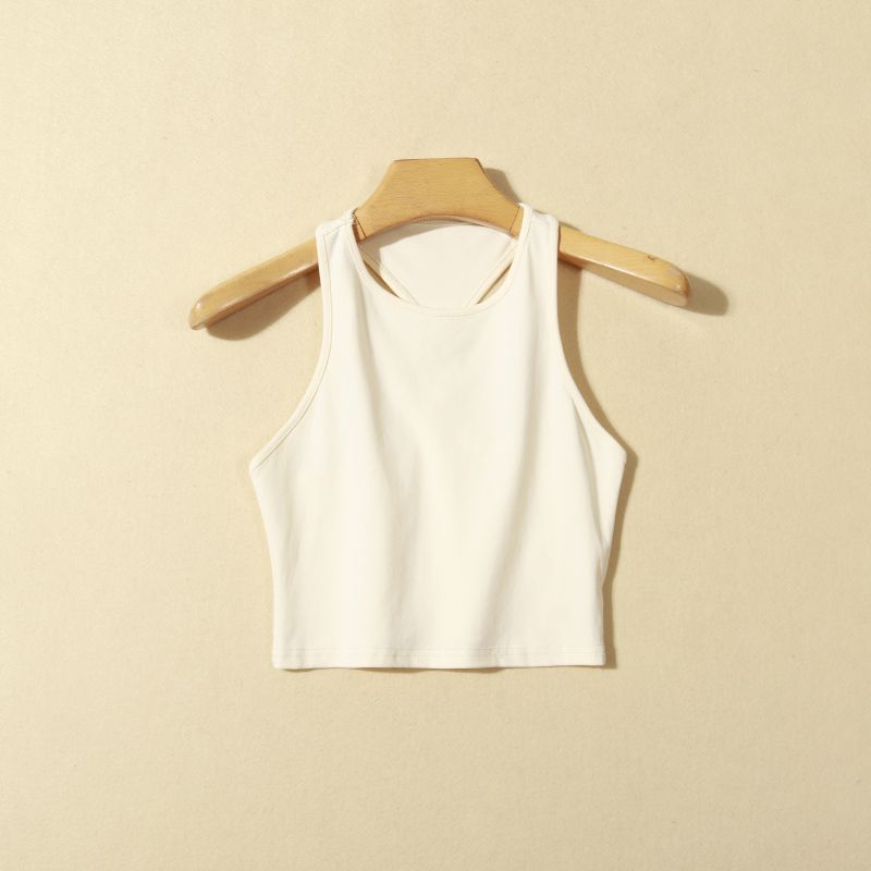 

Export Summer Women s Fashion Style Cotton Metal Buckle H-Shaped Collar Short Silm Stretch Vest Versatile Casual Top Apricot M