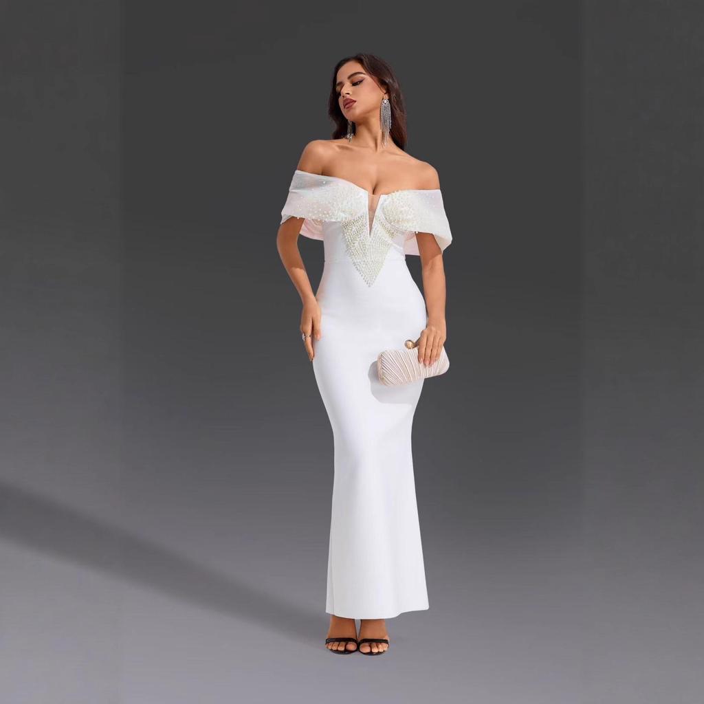 Rochie de seară elegantă franțuzească cu bandaj cu perle mărgelate 2025