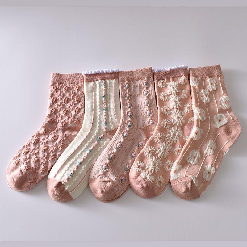5 Stück/weiße florale Mid-Tube-Socken für Damen, trendige japanische Pudernebelfarbe, Student Loli Spring, dünner Abschnitt, JK-Socken, Pink, Neu