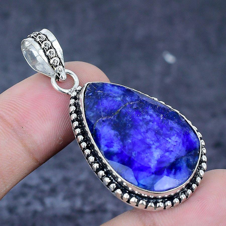 Safir(Simulat) Piatră prețioasă Argint Sterling 925 Bijuterii Pandantiv 1,93"