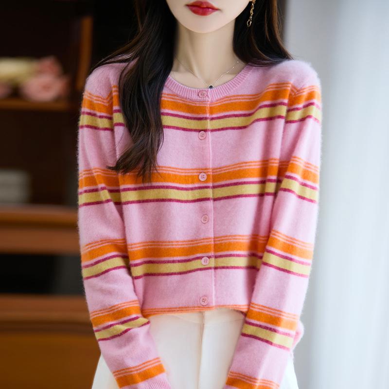 100% Wool Stripe Knit Cardigan - Autumn Academy Style Long Sleeve Sweater.