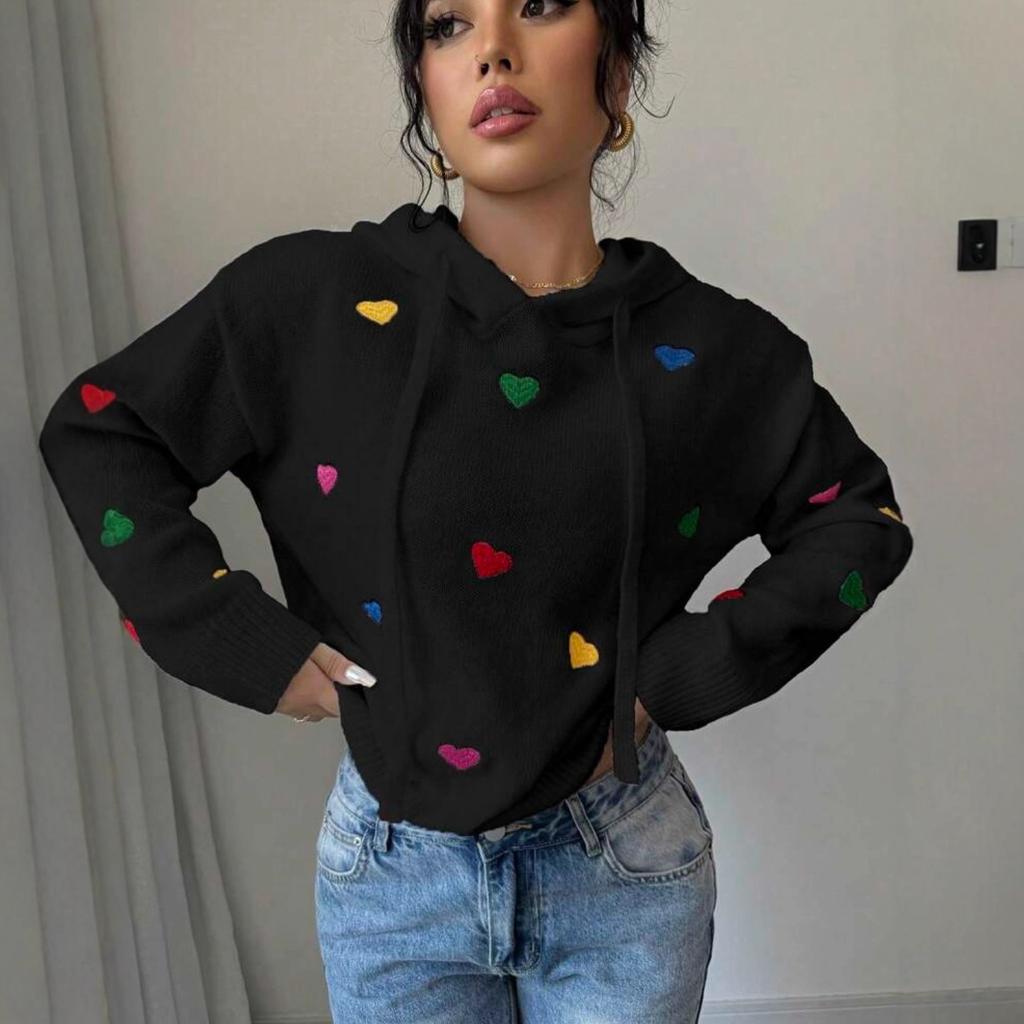 Europe, America autumn and winter women's sweater fashion color love jacquard hooded long-sleeved knitted sweater