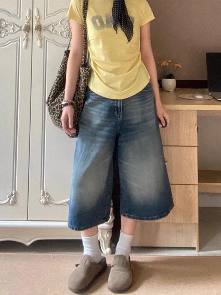 American Women's Plus Size High-Waist Denim Capris - Slimming Mid-Length, Loose Wide Leg for Summer