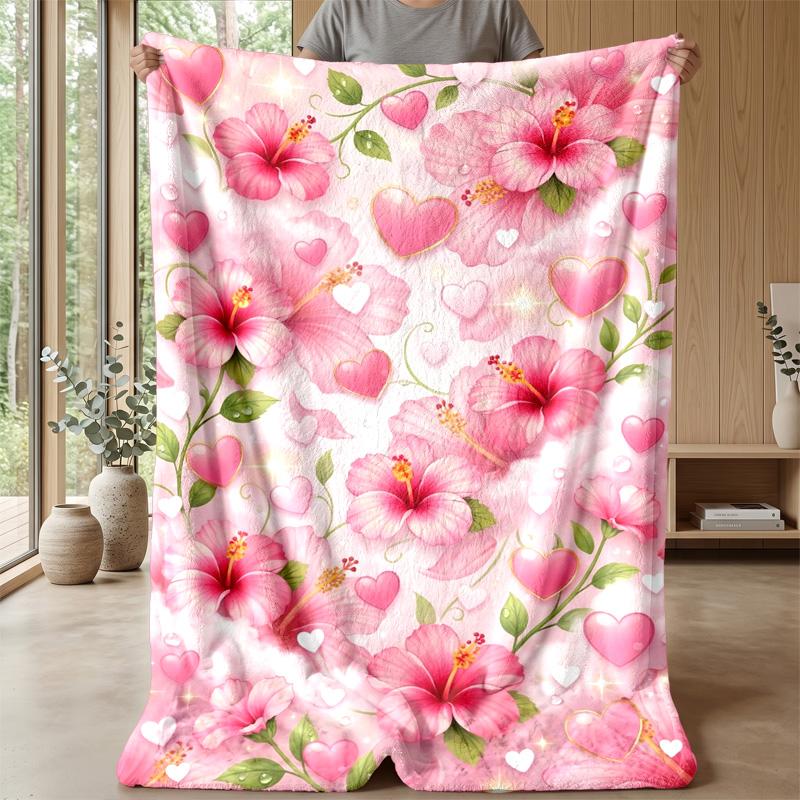 Pink Hibiscus Hearts Pattern Theme blanket Lightweight Warm Flannel Blanket Decorative Throw Blanket for Home Decoration