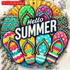 2d Flat 20*20cm "Hello Summer" Flip Wall Art, Vibrant Wooden Sign with Tropical Design, Circular Wooden Decoration, Suitable for Bars, Cafes or Clubs,
