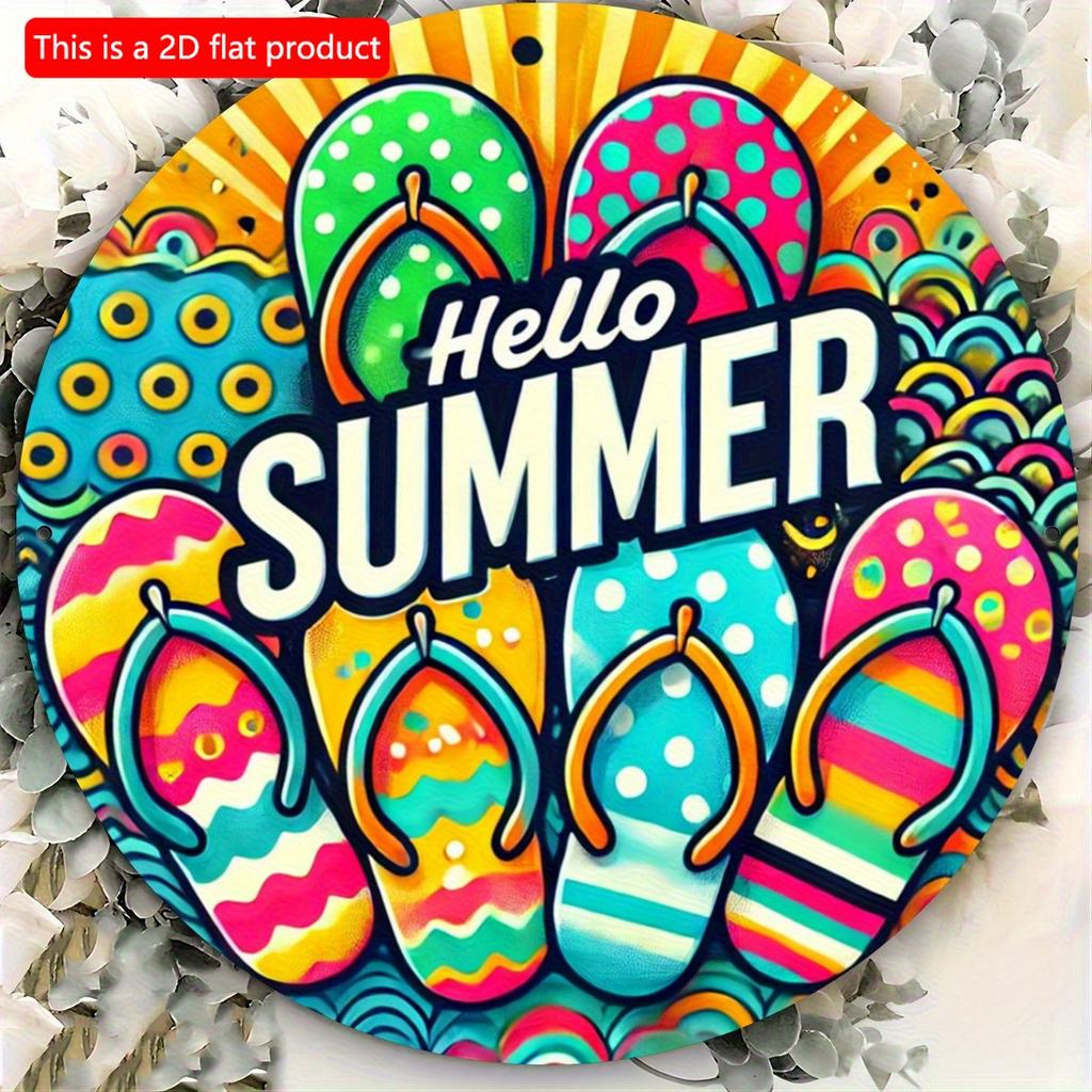 2d Flat 20*20cm "Hello Summer" Flip Wall Art, Vibrant Wooden Sign with Tropical Design, Circular Wooden Decoration, Suitable for Bars, Cafes or Clubs,