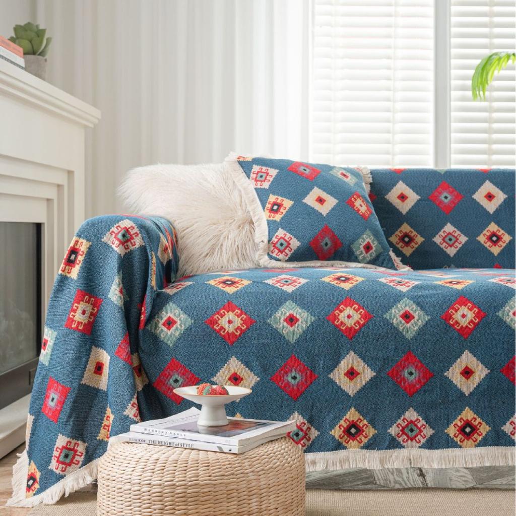 Sofa Towel Anti-cat Scratch Jacquard Geometric Rhombus Retro Festive Festival Thick Sofa Blanket