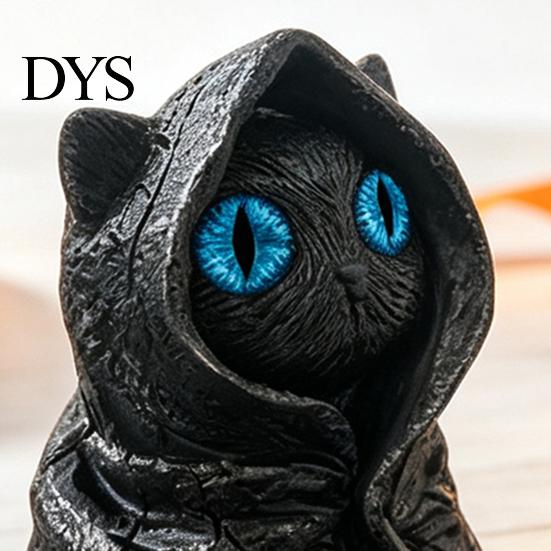 Fantasy Creature Figurine Mysterious Hooded Black Cat Resin Figurine, Gothic Wizard Statue with Big Eyes, Witch Themed Decoration Mini Desktop