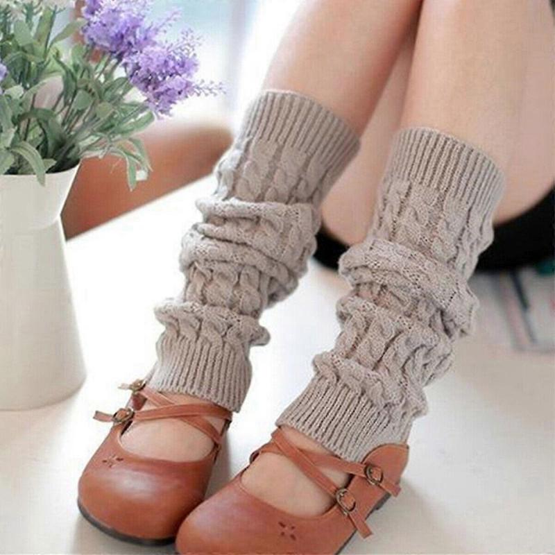 Women Ladies Winter Warm Long Leg Warmers Cable Knit Knitted Crochet Long Socks(Light Grey)