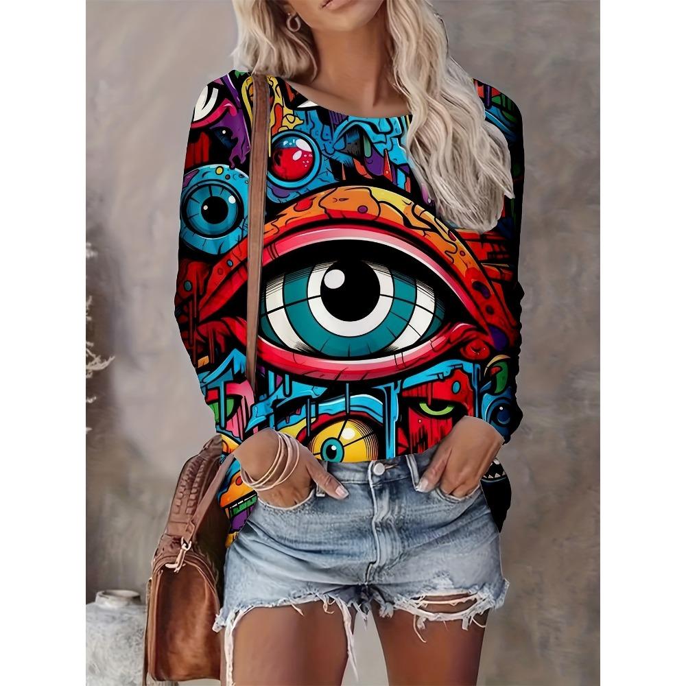 Fashionable Casual Round Neck Long Sleeved T-shirt Soft Comfortable Vintage Versatile Loose Creative Colorful Eyes 3d Printed Women's T-shirt
