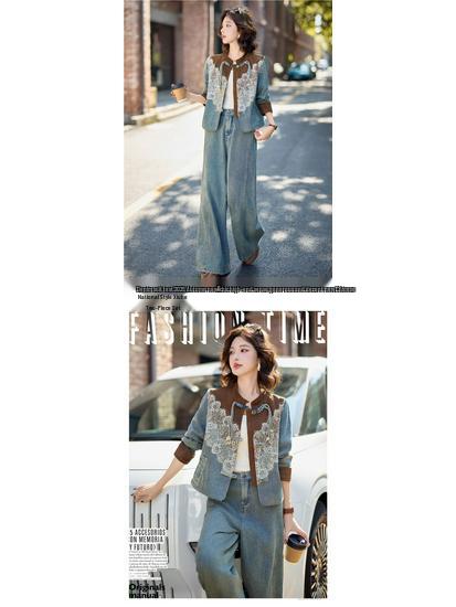 Women's High-End Denim Suit: 2025 Autumn Chinese Style Casual Two-Piece Set
