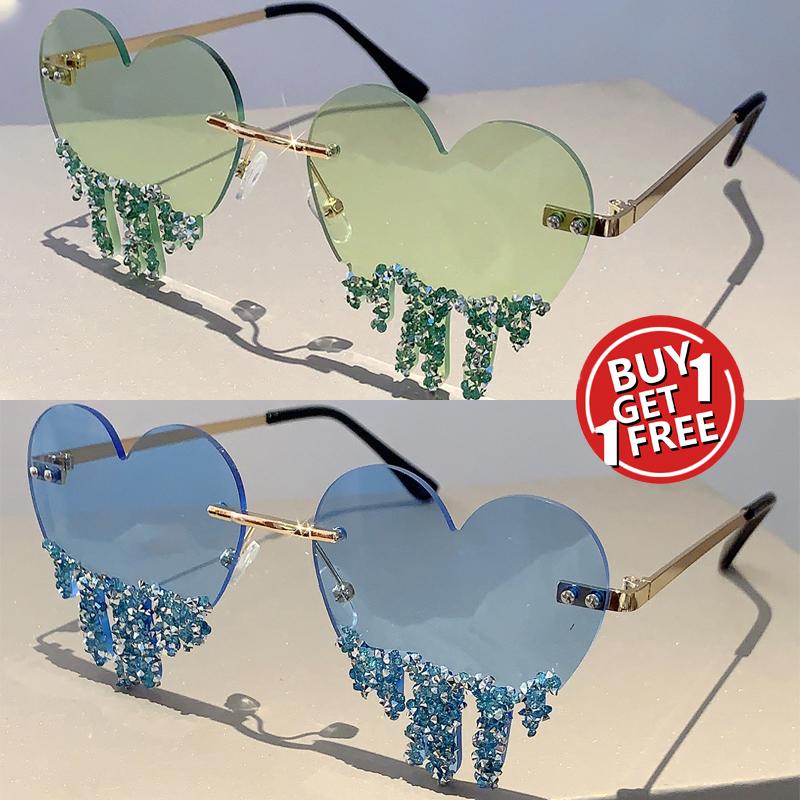 1/2 Pairs Heart Shaped Sunglasses with Rhinestones Women Fashion Rimless Rave Shades Trendy Original Design Sun Glasses