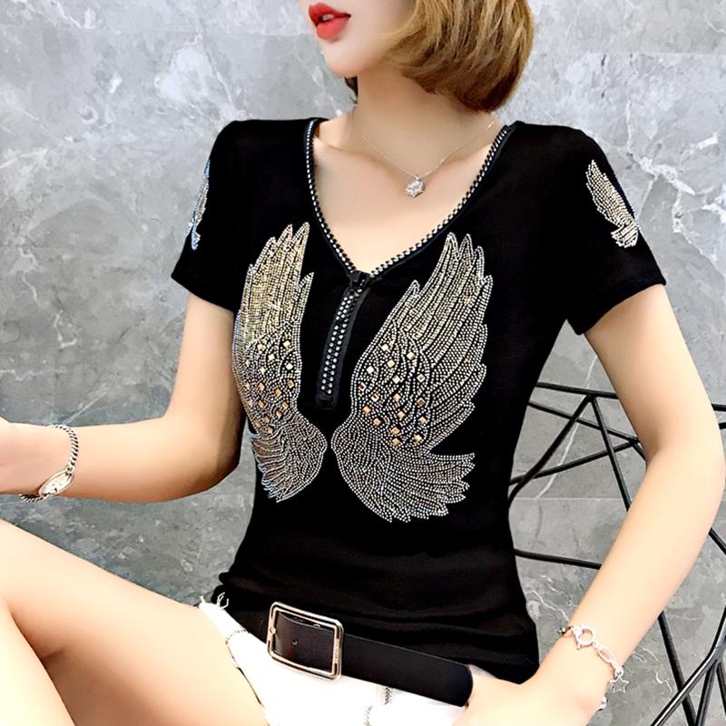 

Уличная одежда Хип-хоп Футболка с коротким рукавом и крыльями Женская V-образный вырез Молния Сексуальная Бриллианты Повседневные Футболки Femme Бриллианты Хлопок Девушка Футболка Топы XXL чёрный
