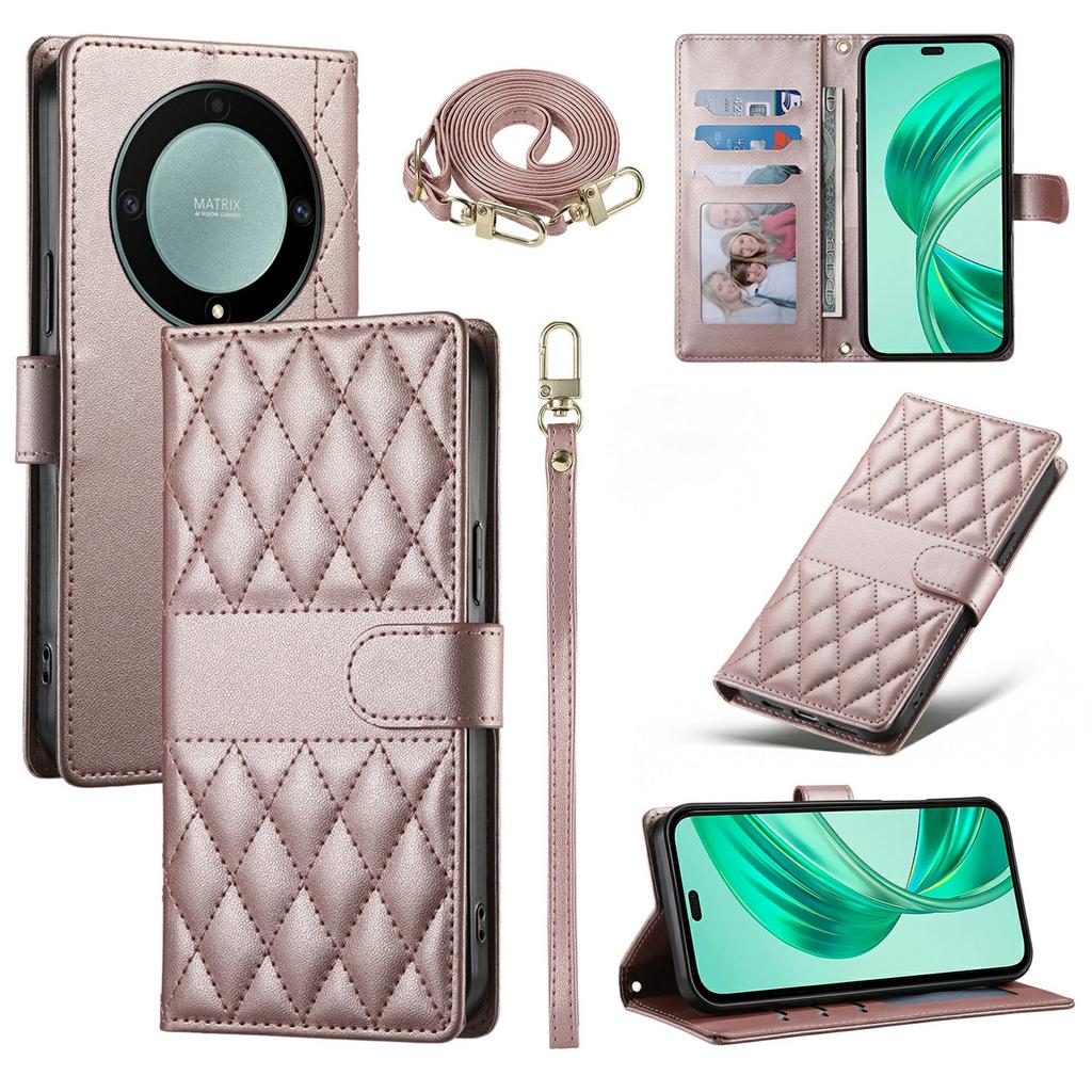 Wallet Case for Honor Magic8 Lite 5G/X70 5G/X9d 5G Rhombus Stitching Stand Leather Phone Cover with Long/Short Strap