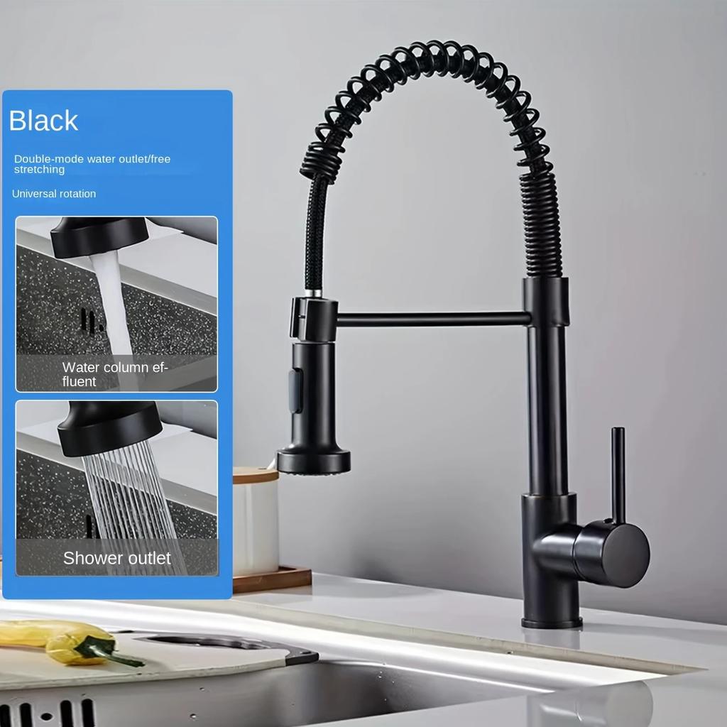1pc Black Kitchen Hot And Cold Faucet,  Kitchen Faucet Hot And Cold Sink Telescopic Lifting Universal Spring,Rotatable Faucet