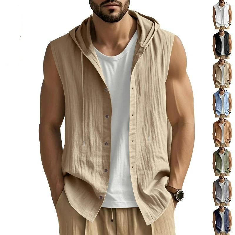 Gilet casual da uomo senza maniche con cappuccio in misto lino multicolore per l'estate