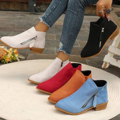 European and American Short Boots Wear-resistant and Comfortable Side Zipper Square Heel Pointed Toe Ladies Boots