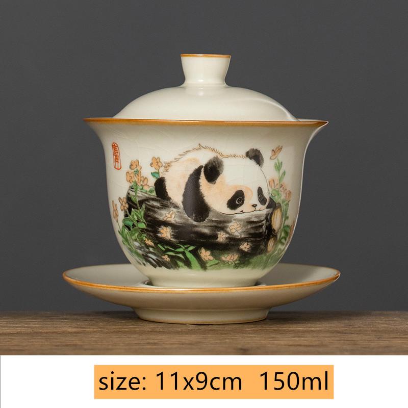Chines Hand-painted Panda Ceramic Gaiwan Ru Kiln Teacup Handmade Beauty Tea Infuser Household Travel Tea Bowl Portable Teaware