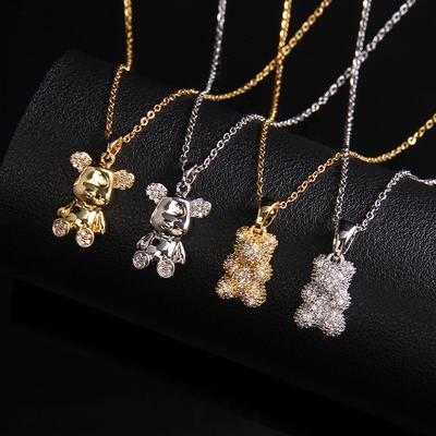 Stainless Steel Chain Classic Shiny Zircon Cute Bear Pendant Necklace for Women Lady Vintage Jewelry Accessories Gifts